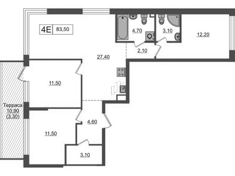 3-комнатная квартира 83.5 м², 1/7 эт., ЖК «А101 Всеволожск»